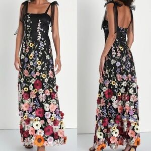 Lulu's Black Maxi Dress with Multicolor Floral Applique & Tie Shoulders